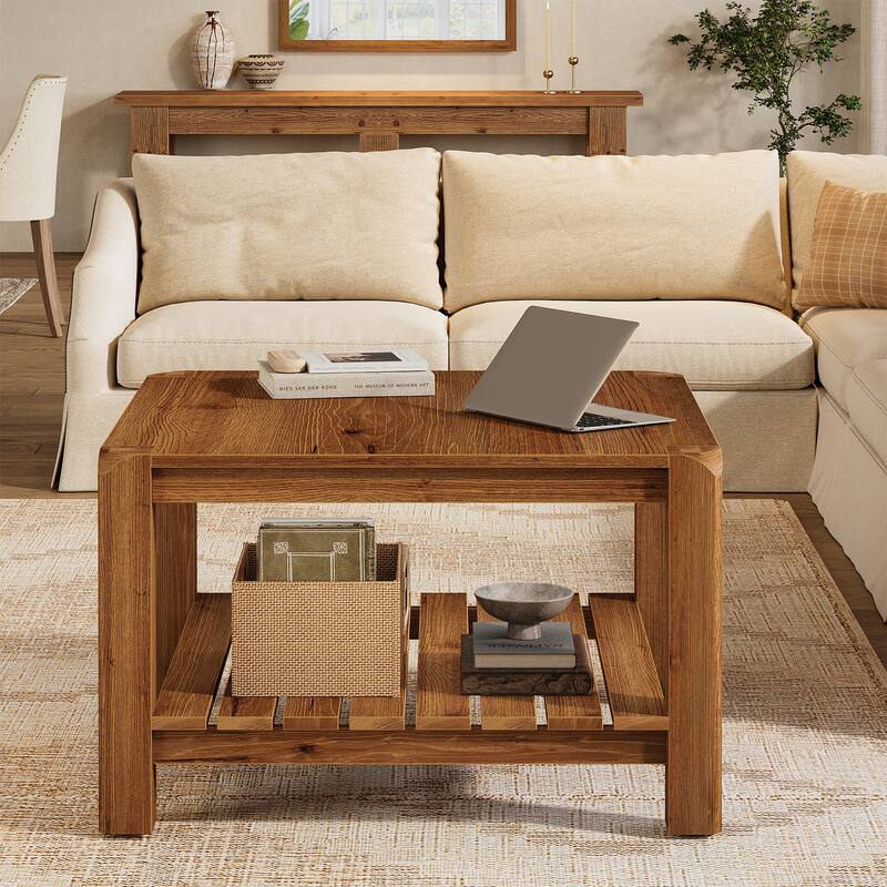 2 Tier Solid Wood Coffee Table for Living Room, Square Center Table with Storage Shelvrs - 31.50" W x 31.50" D x 20.08" H