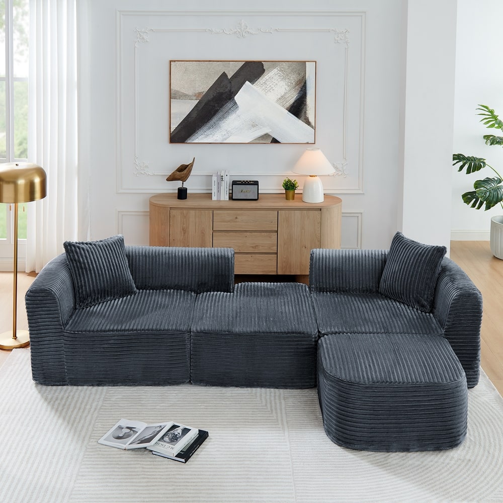Corduroy Upholstered Couches L-shaped Sectional Sofa with Ottoman