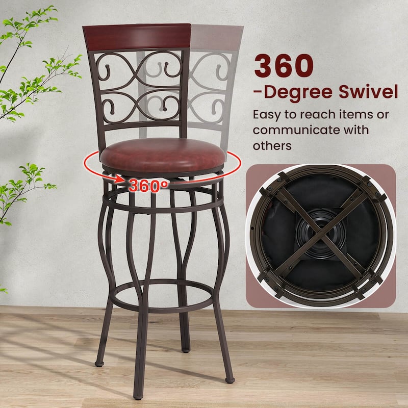 Set of 2 Vintage Bar Stools Swivel Padded Seat 30'' Bistro Dining - 18''W x18''Dx45.5''H