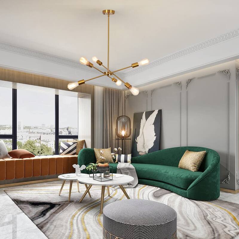 Modern 6-Light Sputnik Linear Chandelier, Modern Sputnik Sphere Chandelier for Dining Room Living Room Bedroom Kitchen