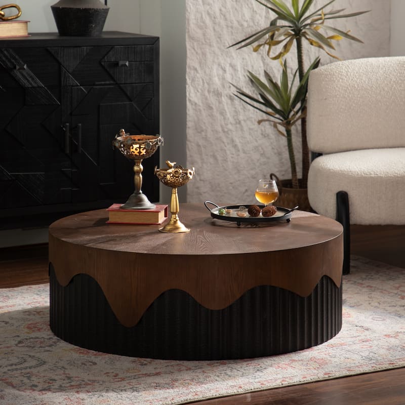 38.97" Round Coffee Table Handcrafted Relief Sturdy Pedestal Wooden Tea Table for Living Room no need to Assemble