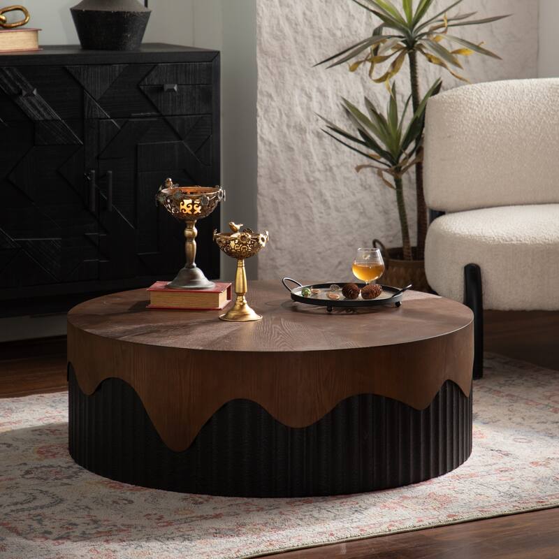 Round Accent Table Tea Table, Wood Coffee Table with Bark Texture, Handcrafted Side Table Sofa Table - Black,Walnut