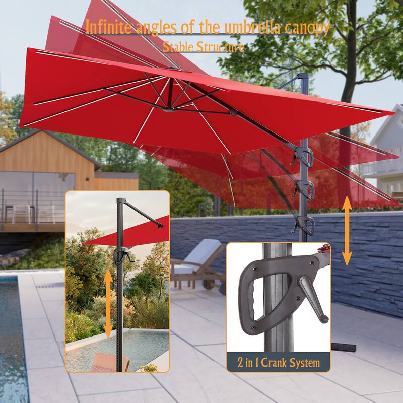 LIVOOSUN 10x8ft LED Rectangle Cantilever Umbrella Patio Offset Umbrella For Outdoor Space, Solution-Dyed Fabric, 360° Rotation