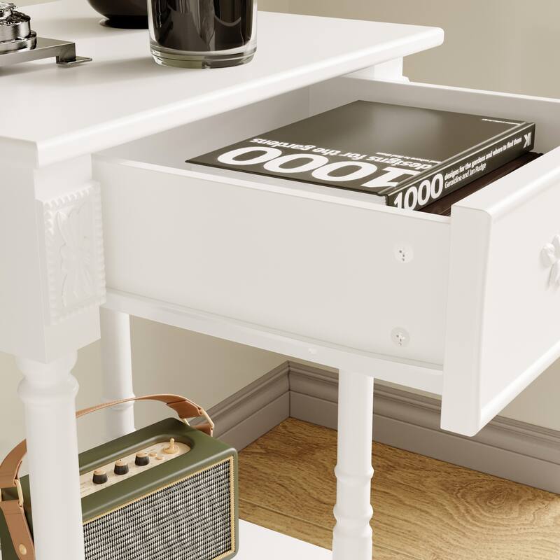 Vintage End Table with Drawer and Shelf, French Style Nightstand with Solid Wood Legs, White Accent Table