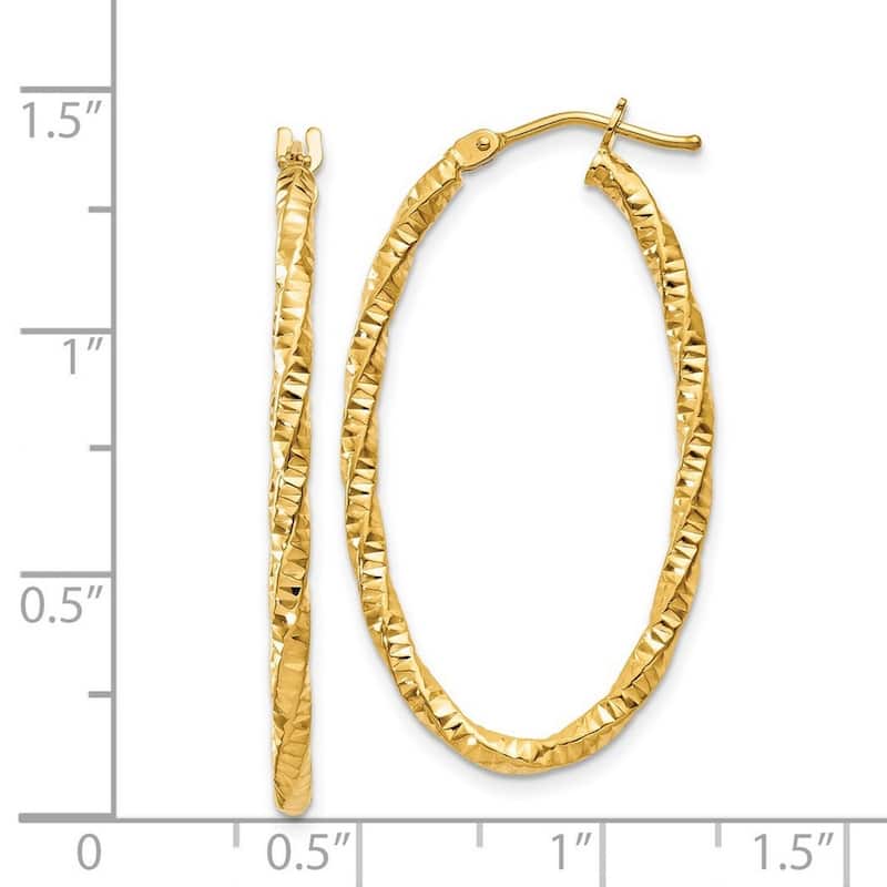 Curata 14k Yellow Gold Polished Textured 2x19mm Oval Hoop Earrings