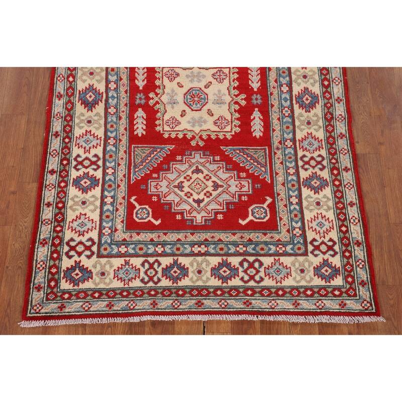Red Geometric Kazak Accent Rug Hand-Knotted Wool Carpet - 3'4" x 4'11"