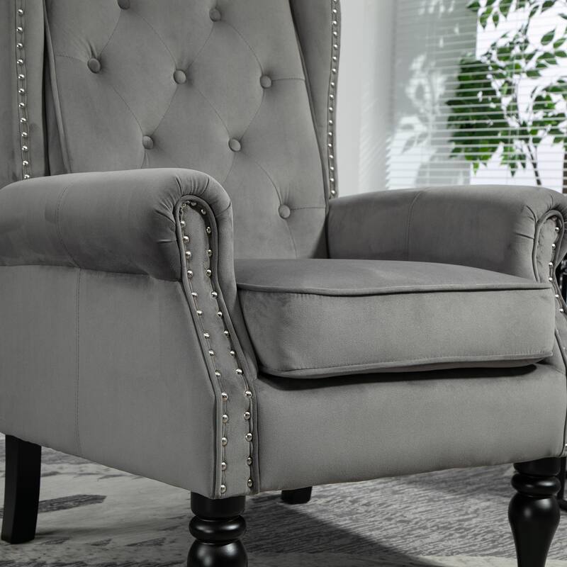 Tufted High Back Chair Living Room Wood Frame Armchair