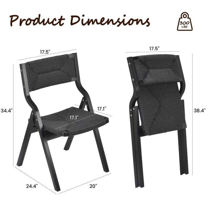 Wood Folding Chairs, Foldable Chairs Wooden Stackable Dining Chairs with Woven Seat & Webbing Back, Dining Chair Set of 2