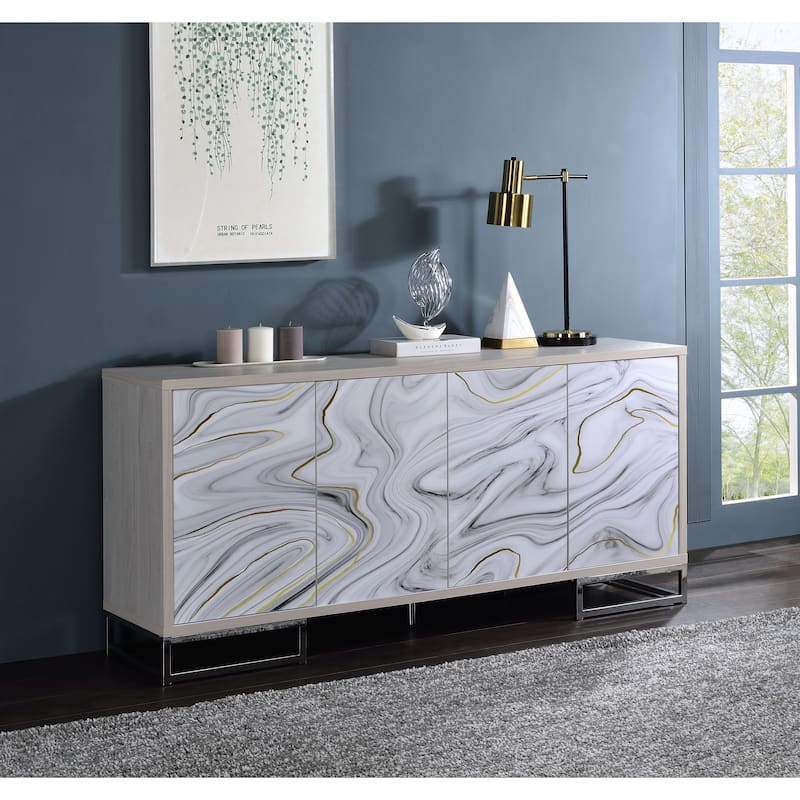Panos White Marcle Paint & Chrome Finish Console Cabinet