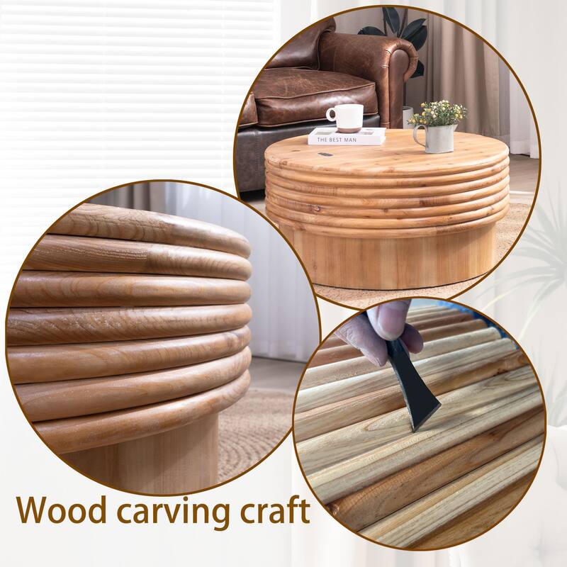 Roomfitters Round Coffee Table with Hidden Storage, 30" Lift-Top Center Table, Engineered Wood, Natural Wood Finish