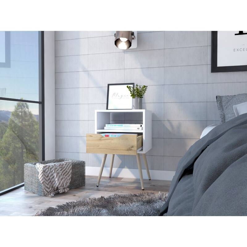 Modern Nightstand with Drawer and Open Shelf - White & Light Oak Finish, Space-Saving Design