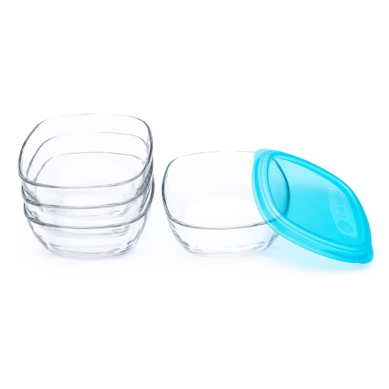 Libbey Serve It 8-Piece Glass Storage Bowl Set with 6-Cup Containers and Blue Plastic Lids - Set of 8