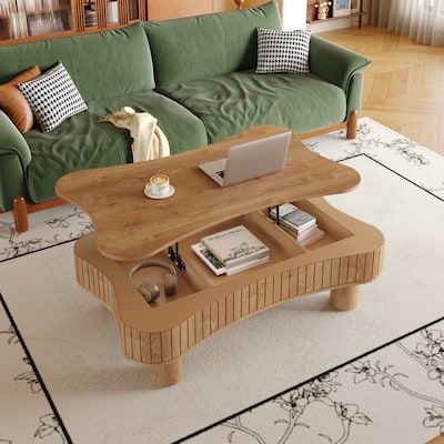 Lift Top Coffee Table - Fluted Panel Hidden Storage,Silent Hydraulic Lift,Curved Safety Corners,5 Min Assembly