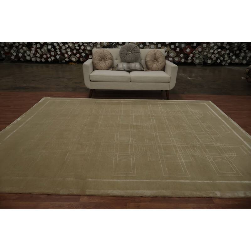 Hand Knotted Oriental Wool & Silk Carpet Modern Geometric Beige & Ivories Nepalese Area Rug - 10' 0'' X 8' 1''