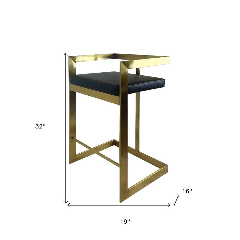 26" Black And Gold Faux Leather And Stainless Steel Low Back Counter Height Bar Chair