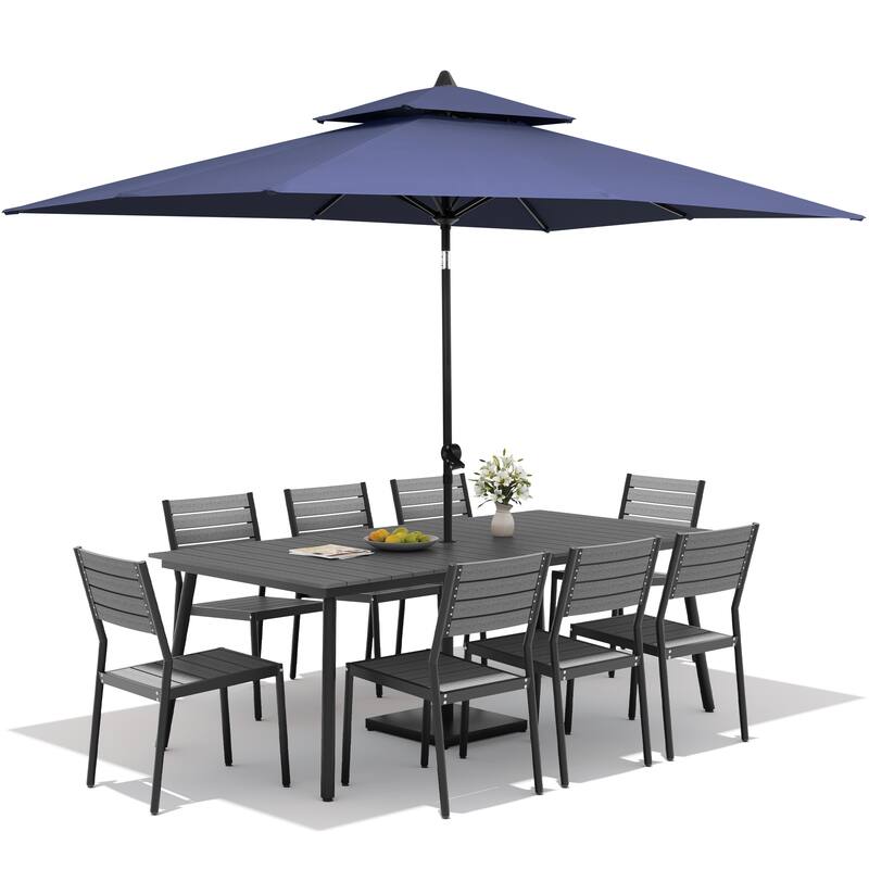 11 PC Outdoor Patio Dining Set Wood-Like Aluminum Umbrella Hole Table with Stackable Chairs,Double Top Market Umbrella and Base