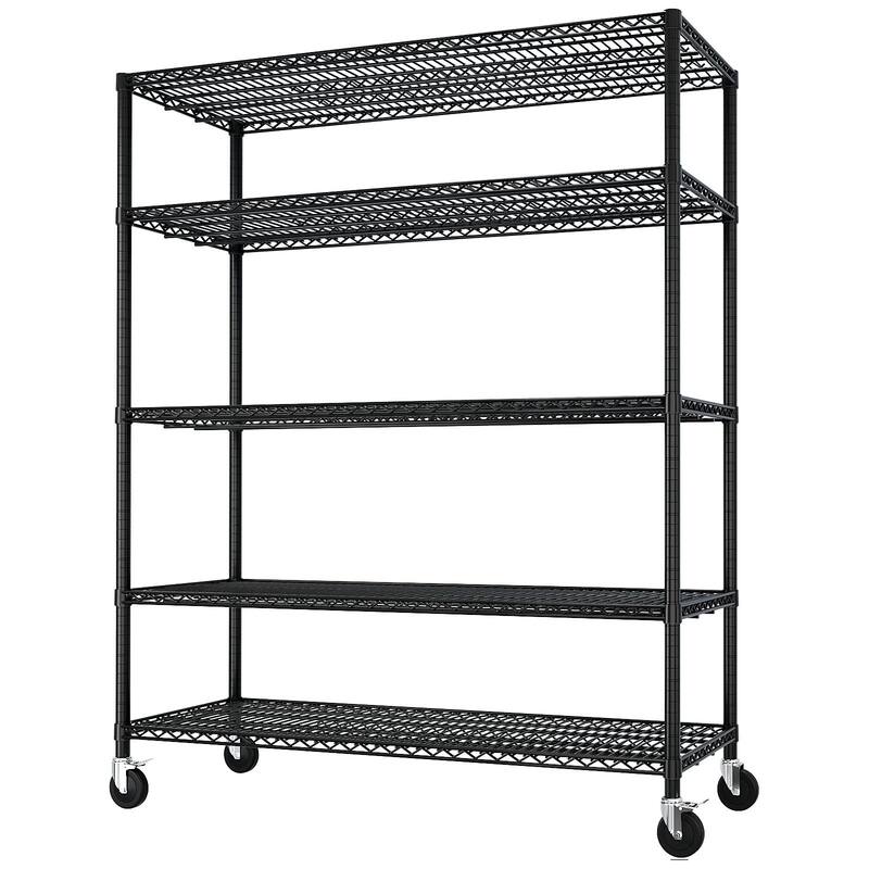 Black Adjustable 5-Layer Steel Wire Storage Shelf with Lockable Caster Wheels for Garage and Home