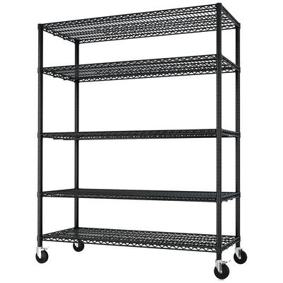 Black Adjustable 5-Layer Steel Wire Storage Shelf with Lockable Caster Wheels for Garage and Home