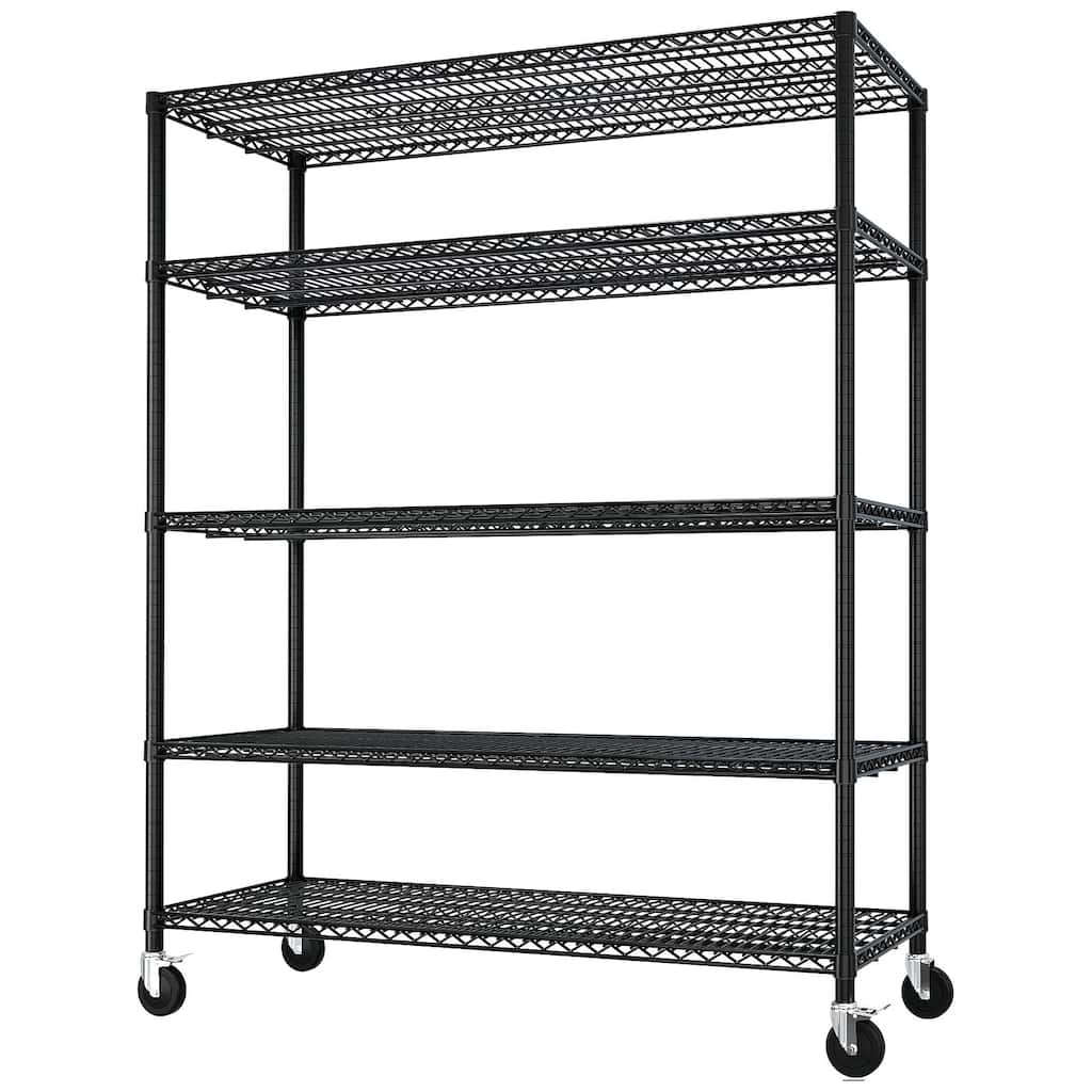 Black Adjustable 5-Layer Steel Wire Storage Shelf with Lockable Caster Wheels for Garage and Home