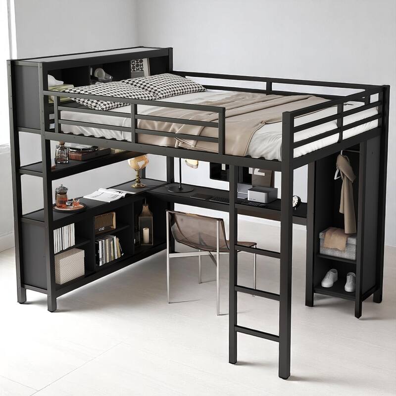 Metal Loft Bed Full/Queen with Desk, Wardrobe & Storage Shelves for Teens and Adults, Sturdy Frame, No Box Spring
