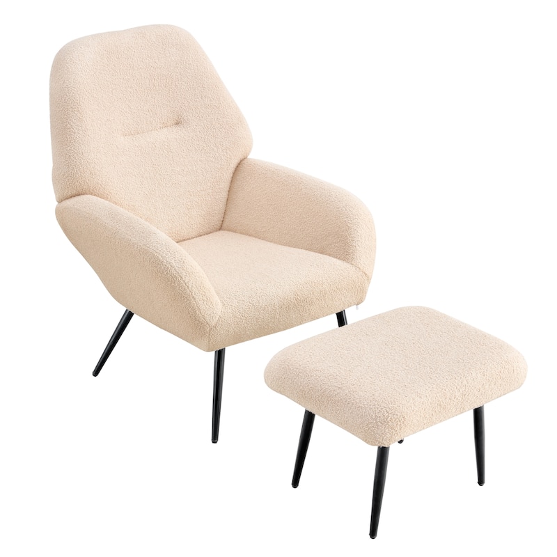 White Modern 29.5" High Back Upholstered Buttons Tufted Accent Chair with Ottoman for Living Room
