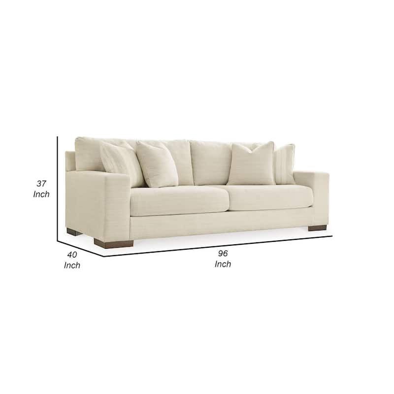 Magg 96 Inch Sofa, 4 Accent Pillows, Oversized Cushion, Beige Polyester