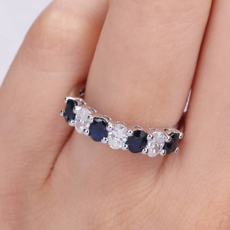 Miadora Oval Sapphire and 1/2ct TDW Diamond Semi-Eternity Anniversary Band in 14k White Gold