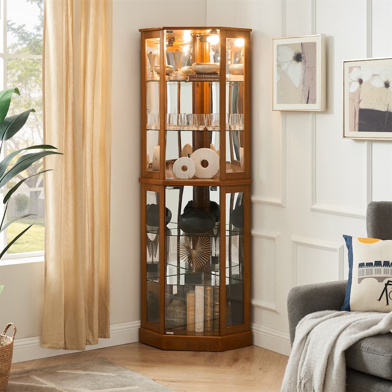 6 Shelf Corner Curio Display Cabinet with Lights, Mirrors and Shelves