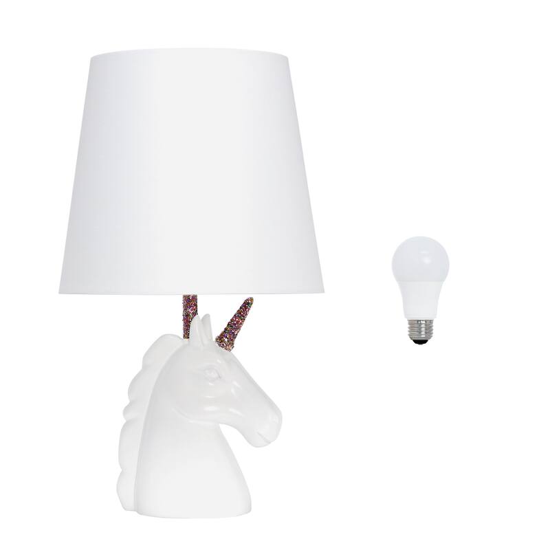 Simple Designs 15.5" Sparkling Glitter Unicorn Table Lamp, White with Blue Glitter, With LED Bulb - Red