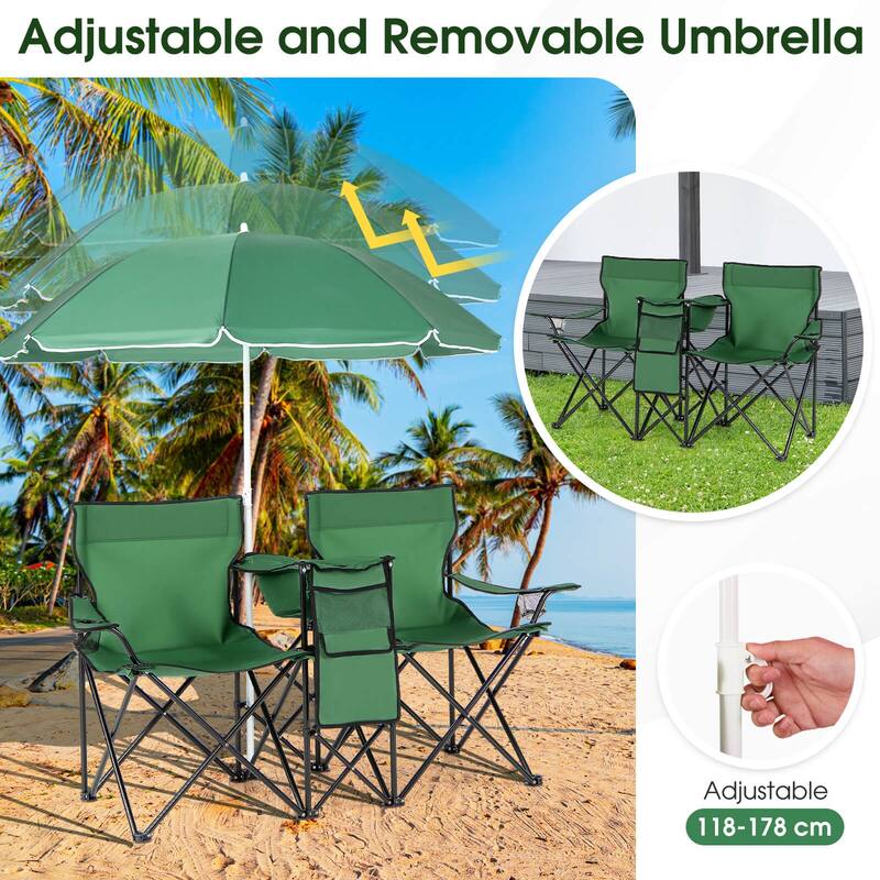 Portable Folding Picnic Double Chair with Umbrella Table Cooler Beach - See details