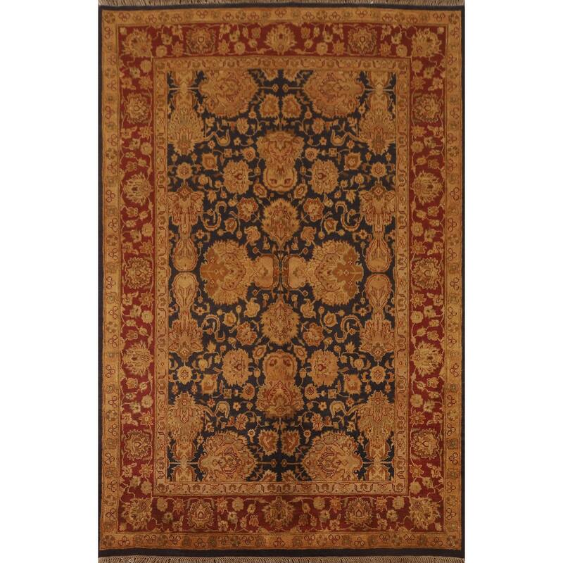 Navy Blue Floral Agra Oriental Area Rug Hand-Knotted Wool Carpet - 5'11" x 8'11"
