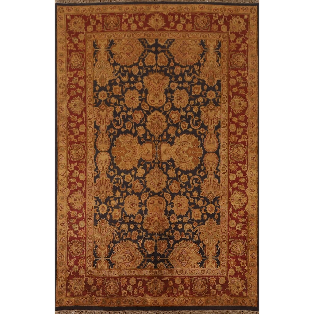 Navy Blue Floral Agra Oriental Area Rug Hand-Knotted Wool Carpet - 5'11" x 8'11"
