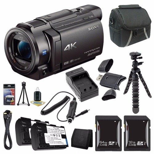 Sony FDR-AX33 4K Ultra HD Handycam Camcorder + NP-FV70 Battery + External Charger + Mini HDMI Cable + Card Wallet Saver Bundle