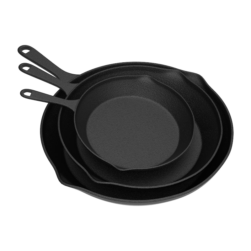 Frying Pans-Set of 3 Cast Iron Pre-Seasoned Nonstick Skillets by Home-Complete - Black - Set of 3