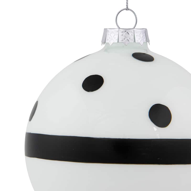 Set of 2 White and Black Striped Glass Christmas Ball Ornaments 4"