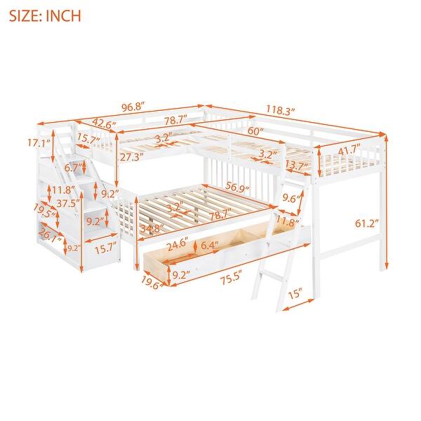 Twin Over Full L-Shaped Solid Wood Bunk Bed with Storage Staircase and ...