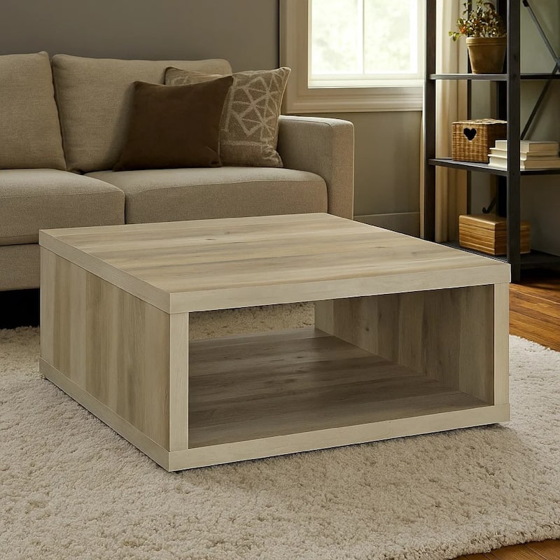 Rizz Coffee Table, Square Cube Design Open Shelf, 36 Inch Light Brown