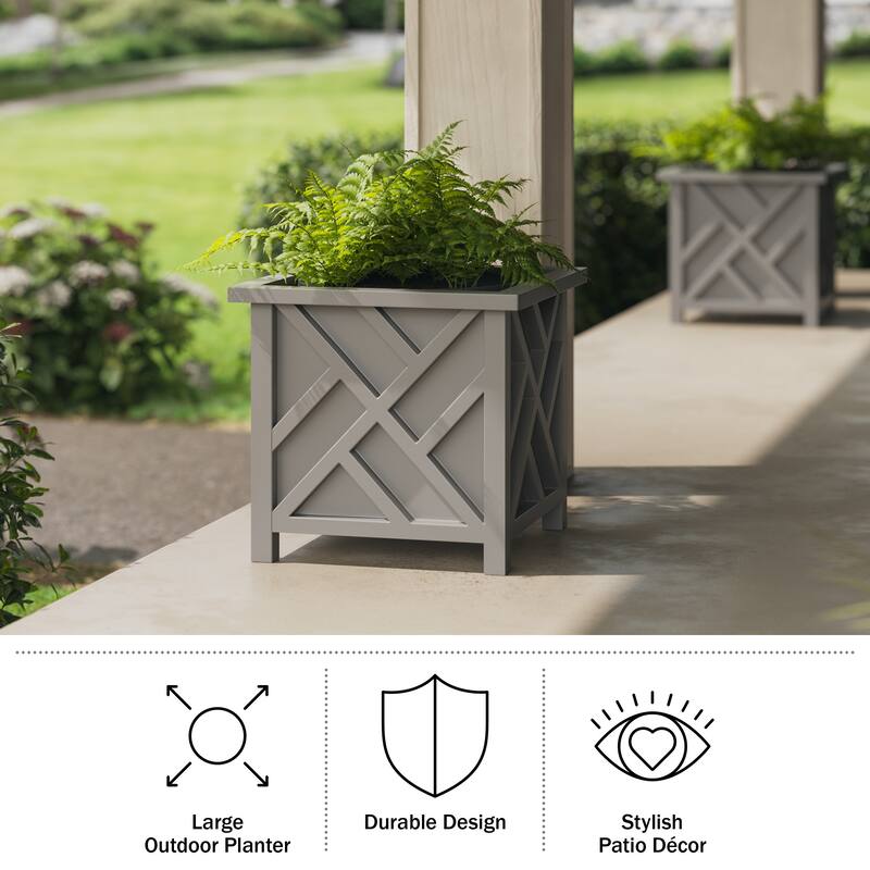Lattice Design Planter Box - 15.5-Inch-Square Decorative Outdoor Flower or Plant Pot by Pure Garden (Gray)