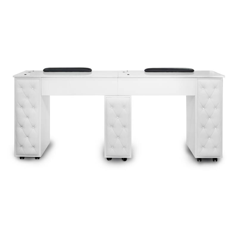 Drexel Manicure Table Double Nail Station Marble Top Desk, White Tufted Cushion - N/A