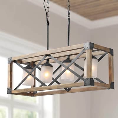 Farmhouse Rustic 4-Light Chandelier Wood Linear Island Lights