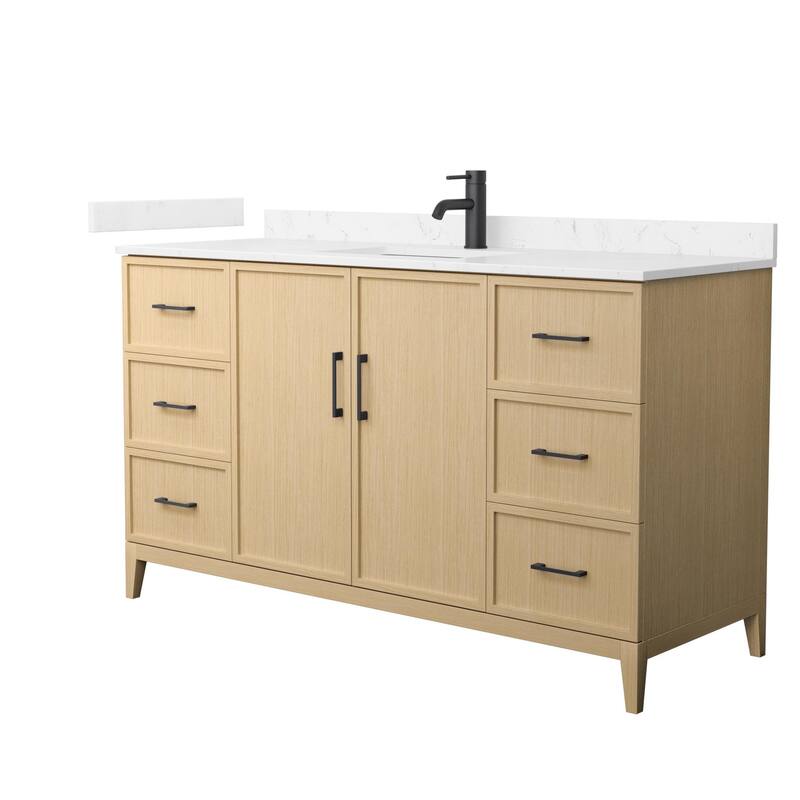 Elan 60-inch Single Vanity, Cultured Marble Top - White Oak, Black Trim, Carrara Cultured Marble Top