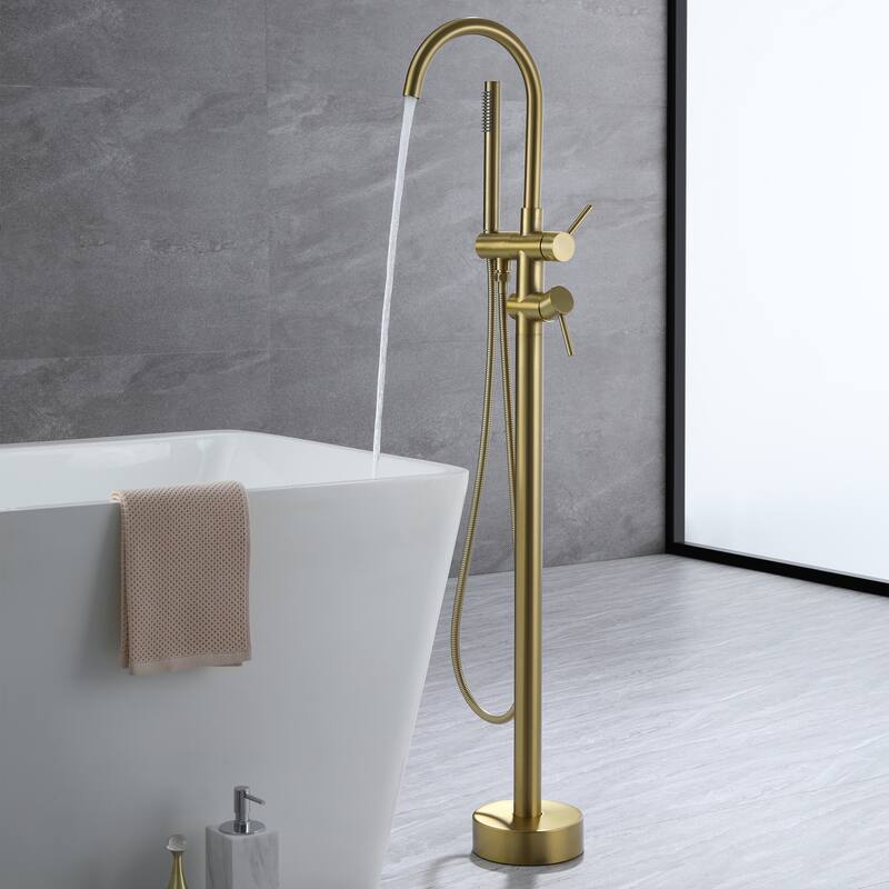 45''H White / Gold Freestanding Bathtub Faucet with Handheld Sprayer