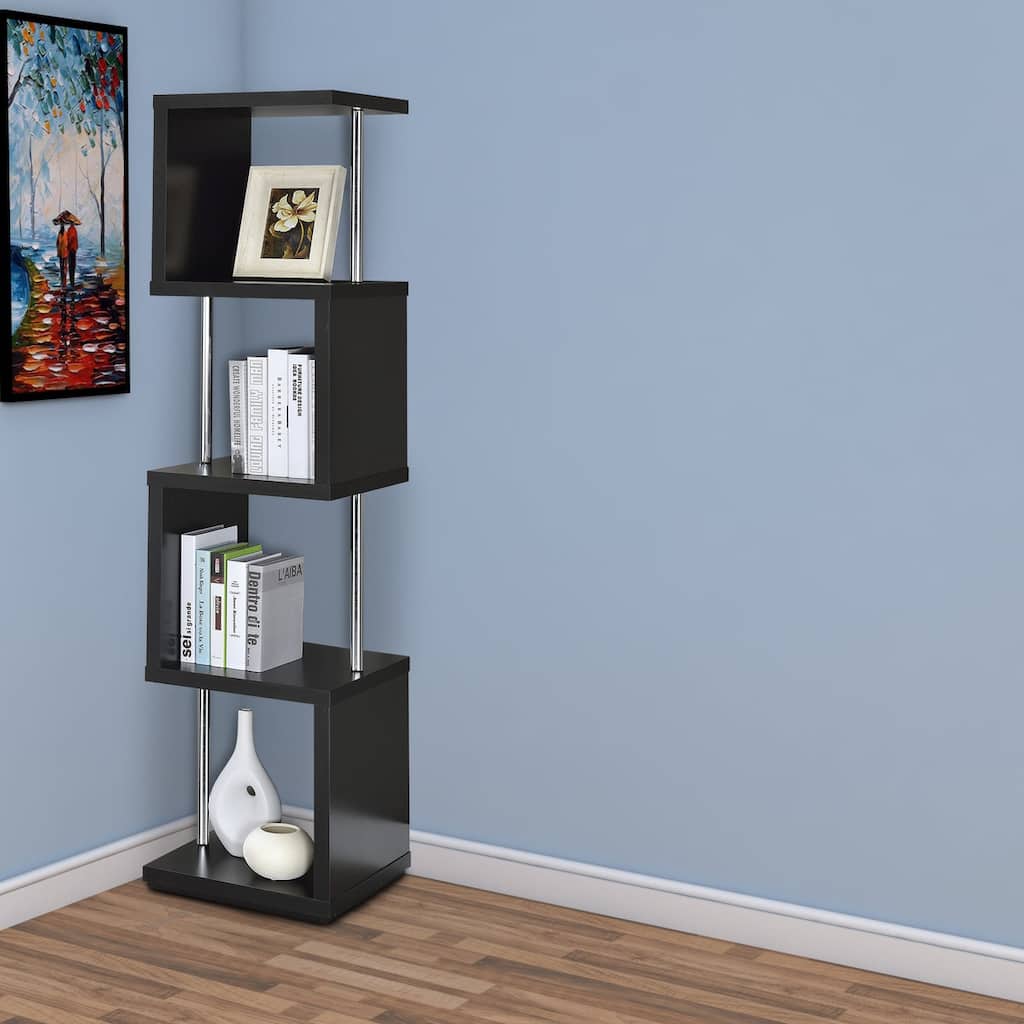 Well-made Four Tier Wood And Metal Bookcase, Black - 66.5 H x 15.5 W x 15.5 L Inches