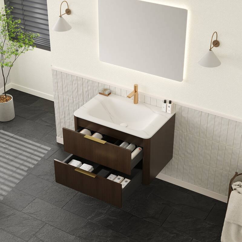 GDF Studio - Zane Bathroom Vanity with Ultra-Pinstriped Drawer Fronts & Carrara White Sintered Stone Basin, WITHOUT Faucet - Walnut - 30"