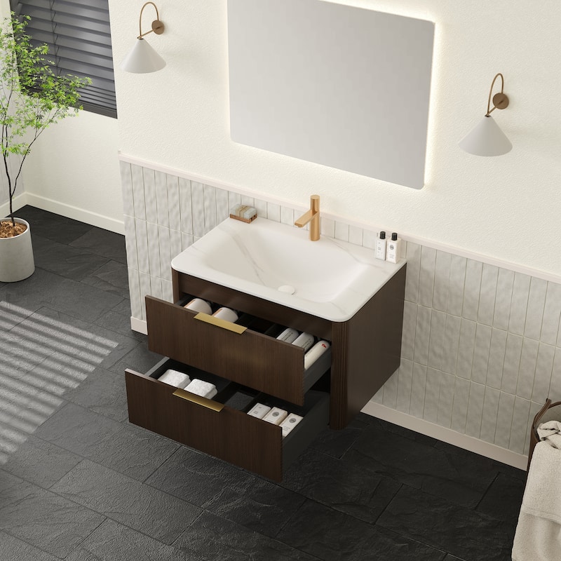 GDF Studio - Zane Bathroom Vanity with Ultra-Pinstriped Drawer Fronts & Carrara White Sintered Stone Basin, WITHOUT Faucet