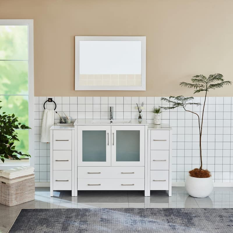 Vanity Art 60-Inch Single Sink Bathroom Vanity Set 8 Dove-Tailed Drawers 3 Cabinets 1 Shelf Soft-Closing Doors with Free Mirror - White