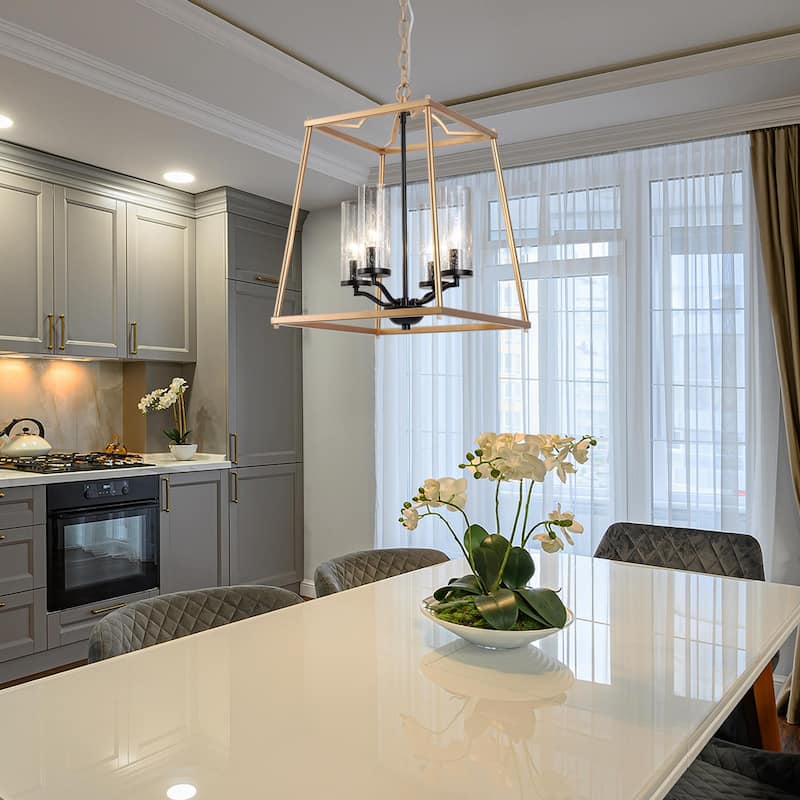Modern 4-Light Gold Glass Chandelier Lantern Pendant Light for Dining Room - 14" L x 14" W x 19" H