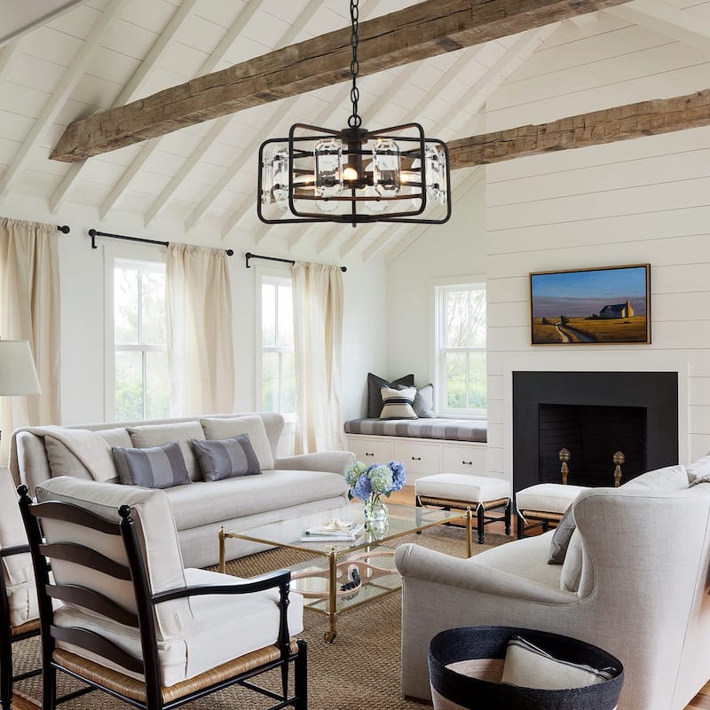 Industrial Modern 4-Light Metal Crystal Open Frame Drum Chandelier for Dining Room - 10-in H x 17.6-in D