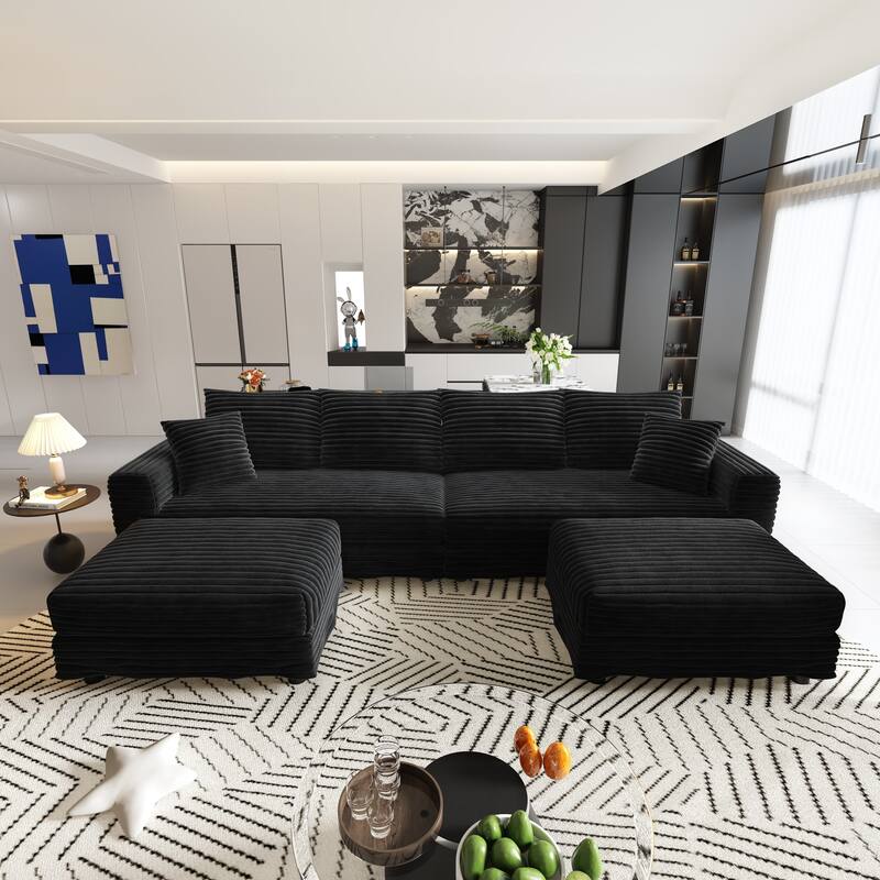 102.4" Corduroy Couch with Ottomans, 4 Seat Convertible Modular Sectional Sofa, Upholstered Couches with Pillows for Living Room