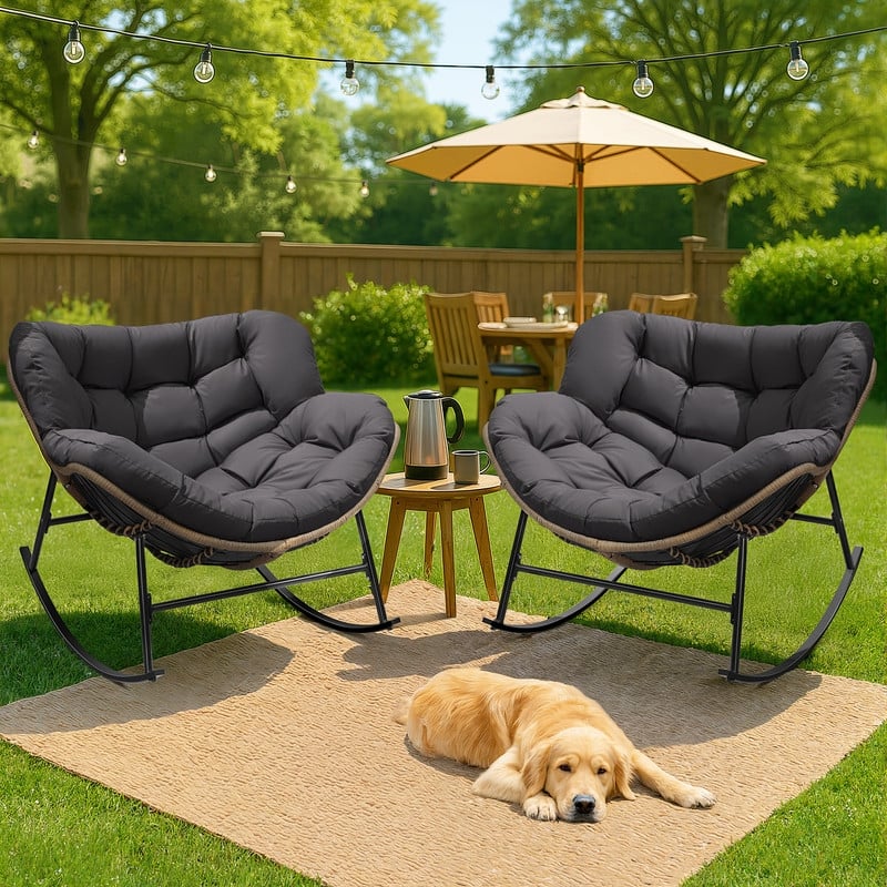 FINCATI Outdoor Royal Rocking Papasan Chair, Luxury Cozy Outdoor Rocking Chair, 450 lbs Indoor Extra Large Recliner Chair - 2 PCS-Grey
